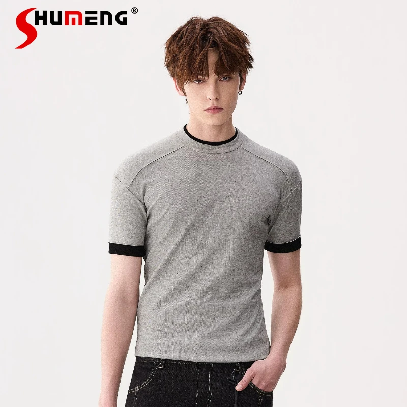 

Male Spring 2026 New Trendy T-shirts Fashion Men's Handsome Slim Fit Knitted Short-sleeved Tops Stylish Color Matching Chic Tees