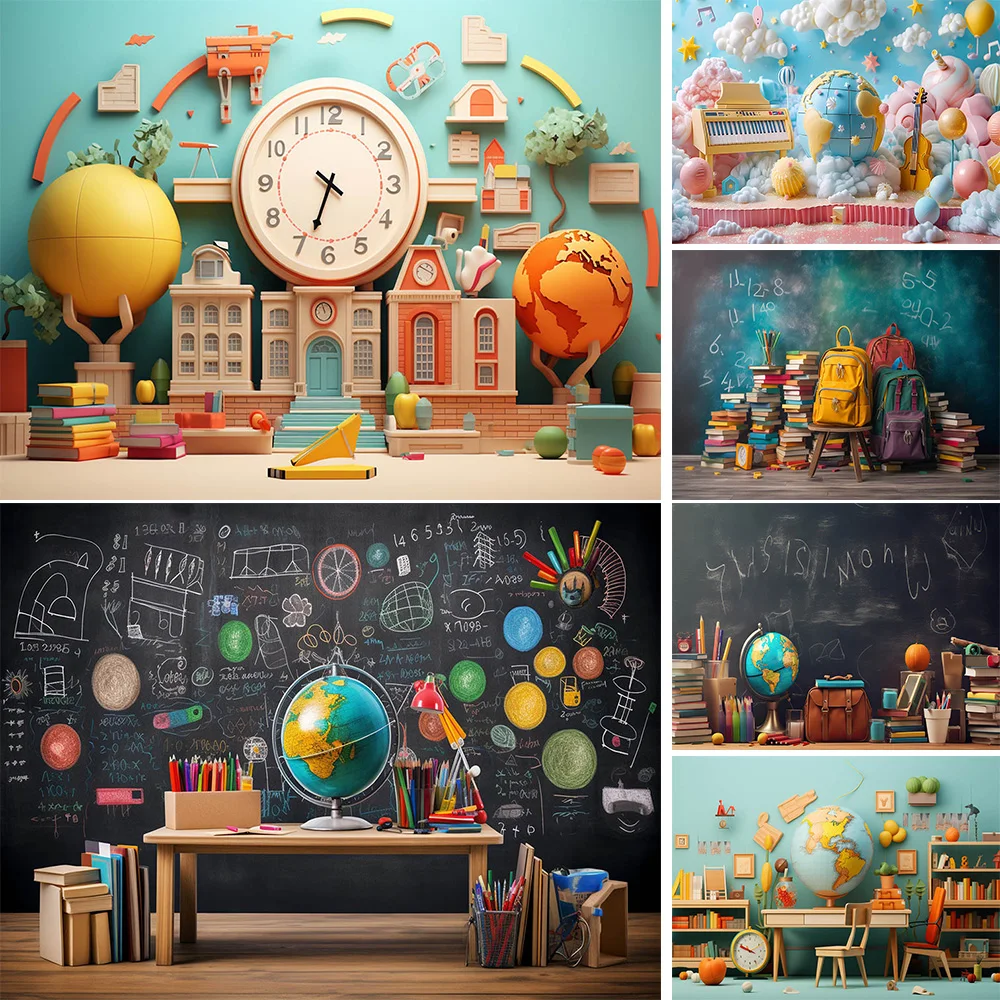 Back To School Photography Background Blackboard Globe Book Student Portrait Background Kid 1st Birthday Cake Smash Photo Studio