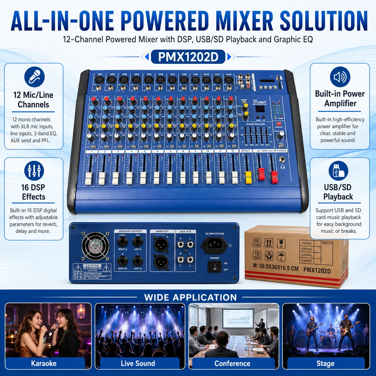 12 Channel Audio Mixer USB SD Player 16 DSP Effects 48V Phantom Power Sound Mixing Console for Karaoke Stage Live view 6