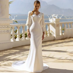 Gorgeous V-Neck Mermaid Wedding Dress Lantern Long Sleeves with Applique Sexy Open Back Chiffon Sweep Train Bridal Gowns Robe