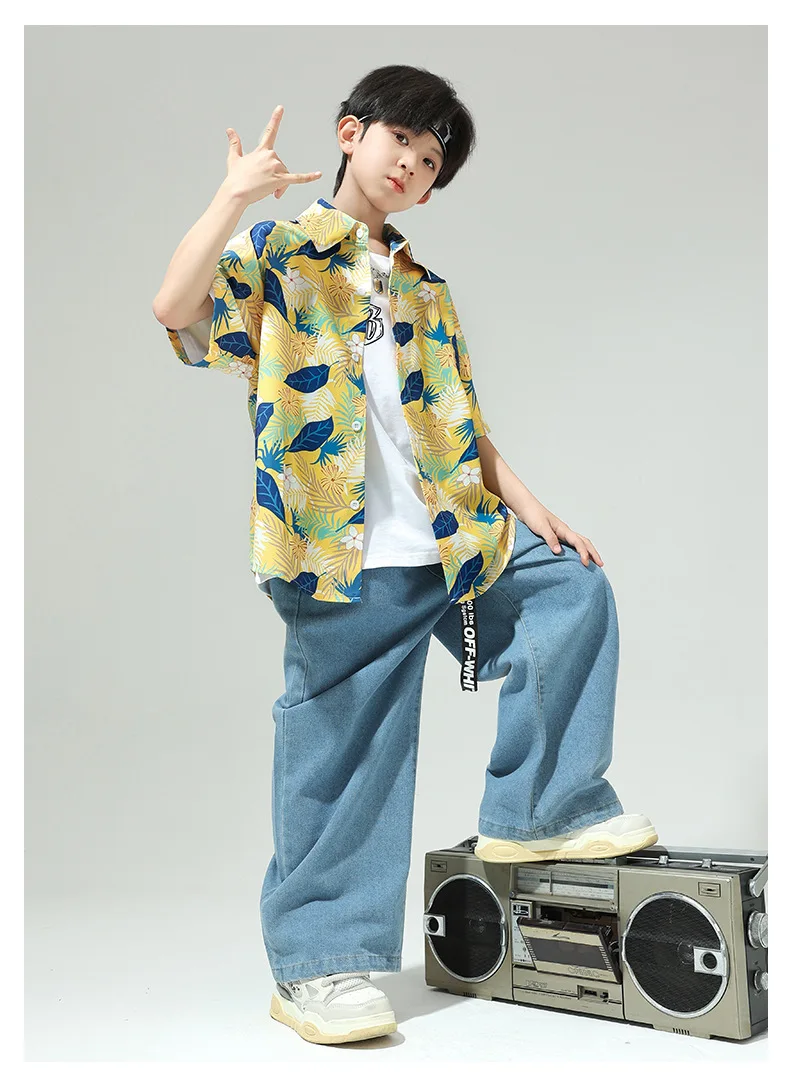 2026 Summer  Short Sleves Holiday Seaside Tops Muti-color Printed Shirt Hip Hop Outfit 2Pcs Stage Stylish Dance Matching Suit