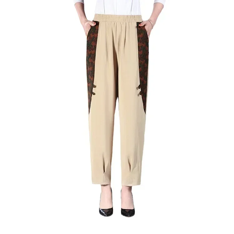 2023 New Spring and Summer Fashion Retro Literature National Style High Waist Splicing Print Pocket Casual Loose Bloomers