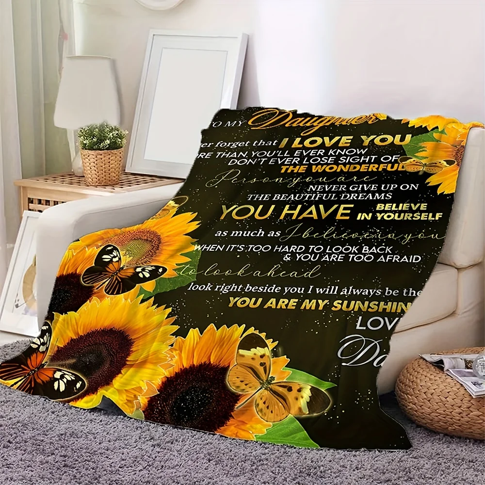 1pc Butterfly Sunflower Printed Flannel Blanket, To My Daughter From Dad Envelope Blanket, Warm Cozy Soft Throw Blanket Nap Blan