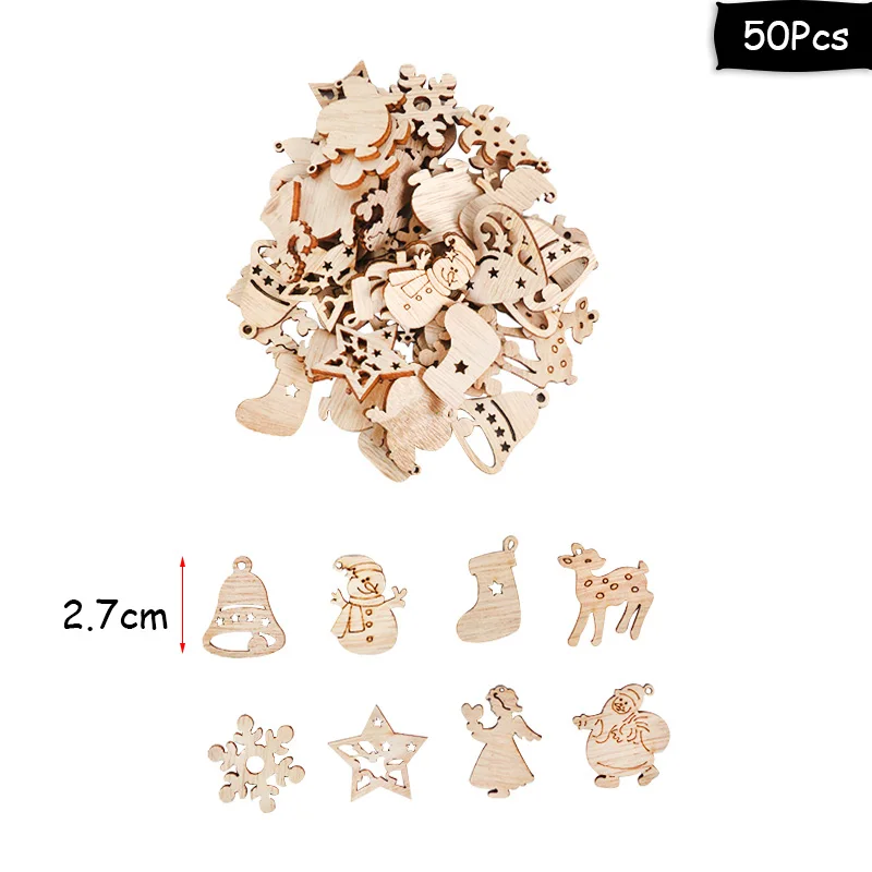 50Pcs Christmas Natural Wooden Chip Santa Claus Snowflake DIY Crafts Xmas Tree Hanging Ornament Pendant Navidad Home Decorations images - 6