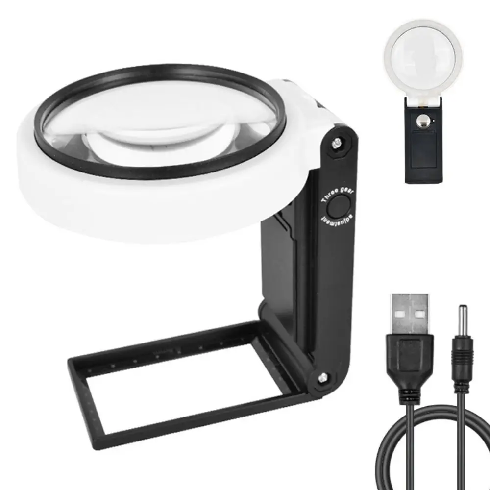 Folding Design Magnifying Glass with Light Stand Powered by Battery or USB Handheld LED Illuminated Magnifier 2UV+6LED Light