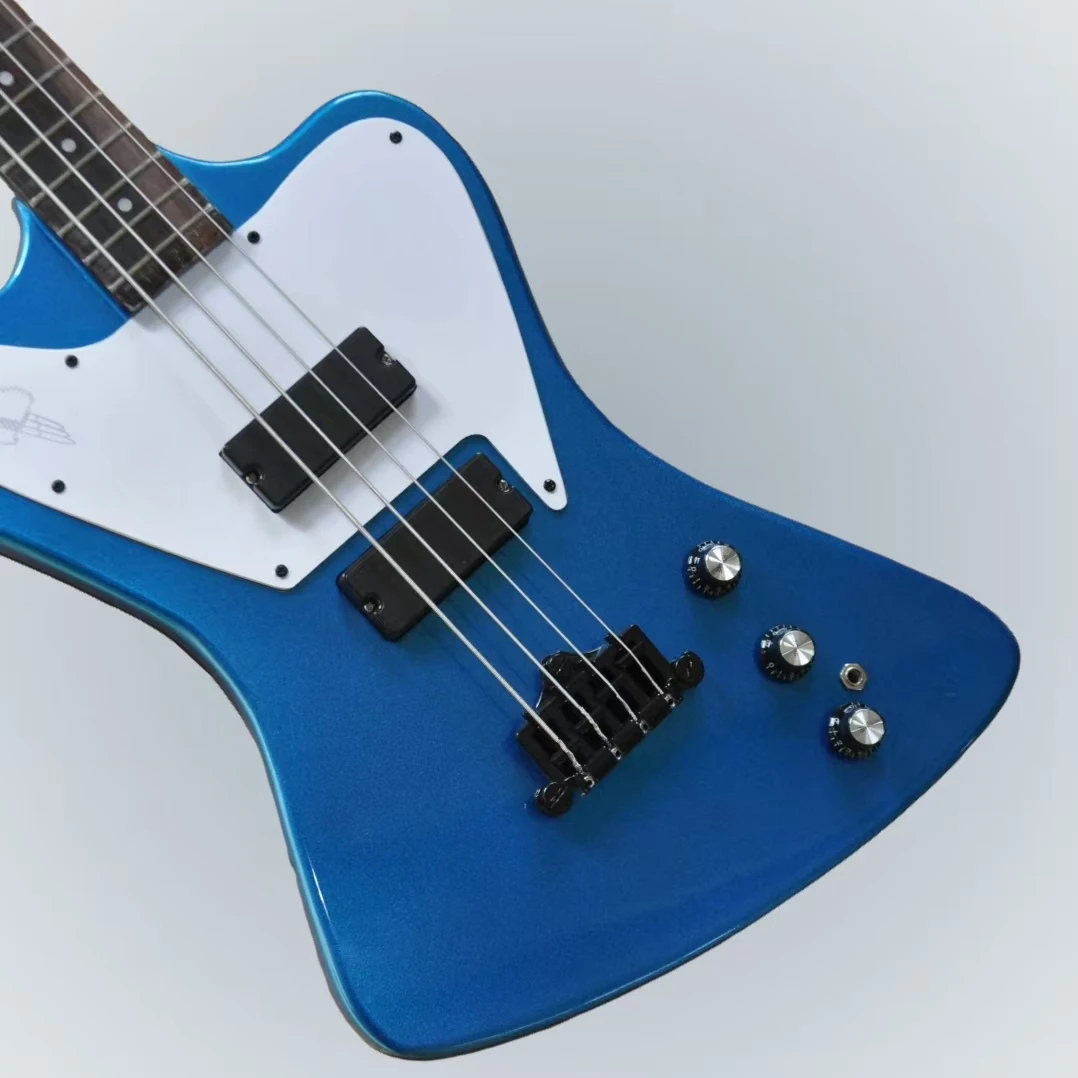 

4-string metallic blue electric bass guitar with white Pickguard and black hardware