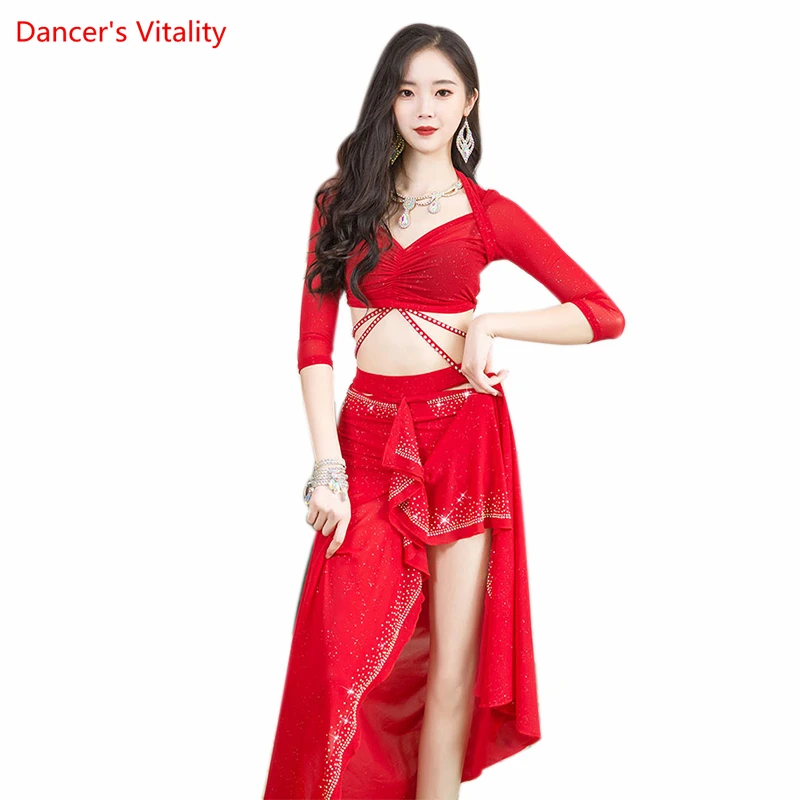 Fato de dança do ventre para mulheres, top de mangas meia Bellydance, saia longa em malha, conjunto profissional oriental, 2 peças