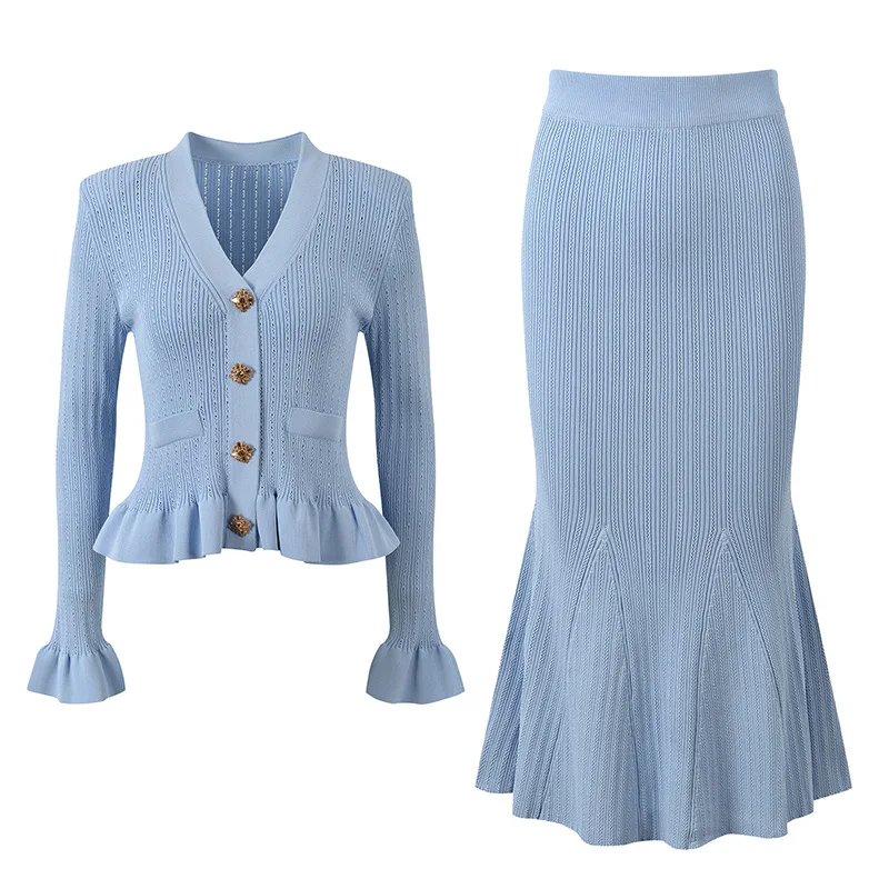 knitted sets for women 2 piece v neck single breasted wood ear long sleeve Ruffle cardigan midi mermaid skirt