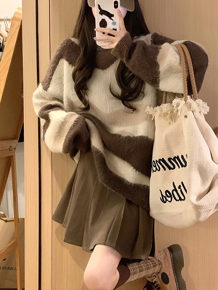 

ITOOLIN женский осенний свободный крой в стиле ретро с высоким воротником из полиэфирного волокна и круглым вырезом, полосатый вязаный свитер