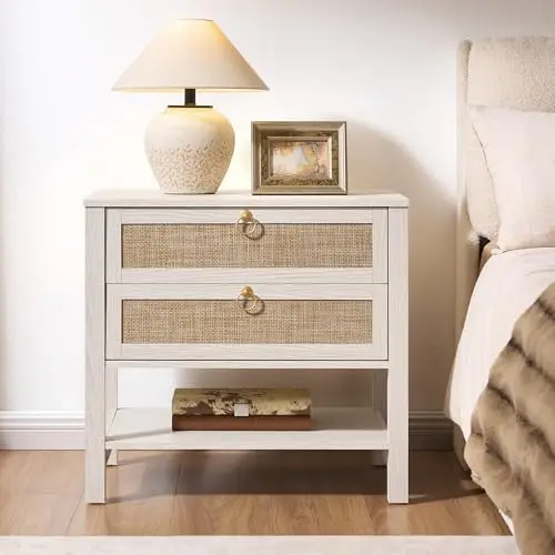 White Rattan Nightstand, Wide Bedside Table with 2 Drawers & Shelf
