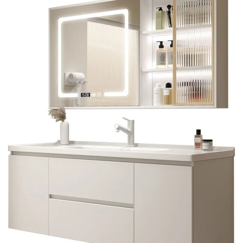 Special Bathroom Cabinet Combination with Ceramic Integrated Solid Wood Grain Washstand Light Hand Wash Basin Craft