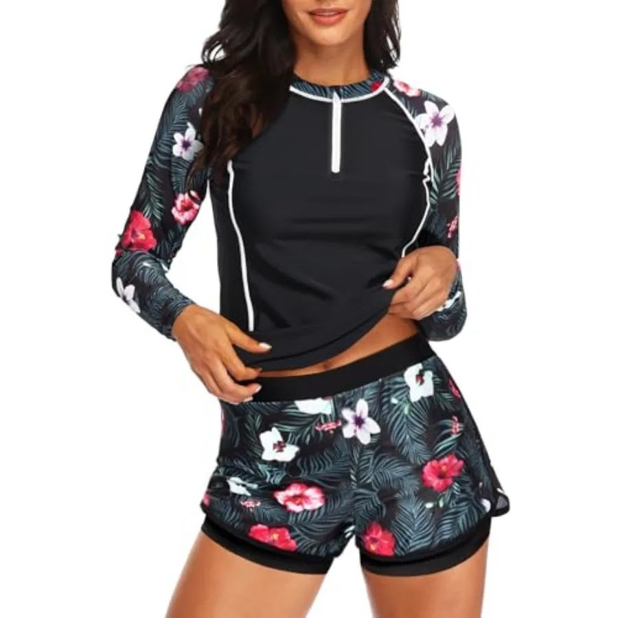 Long Sleeve Rash Guard for Women - 2 Pcs Swimsuit with Shorts Zip Up Swim Shirt with Built-in Bra