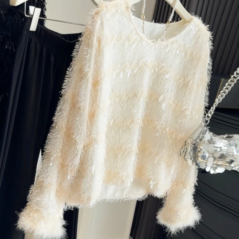 

Tops Women Short Top Round Neck Full Sleeve Y2k Streetwear Tassel Sequins Elegant Splice Casual Work Slim Fit 2026 Spring