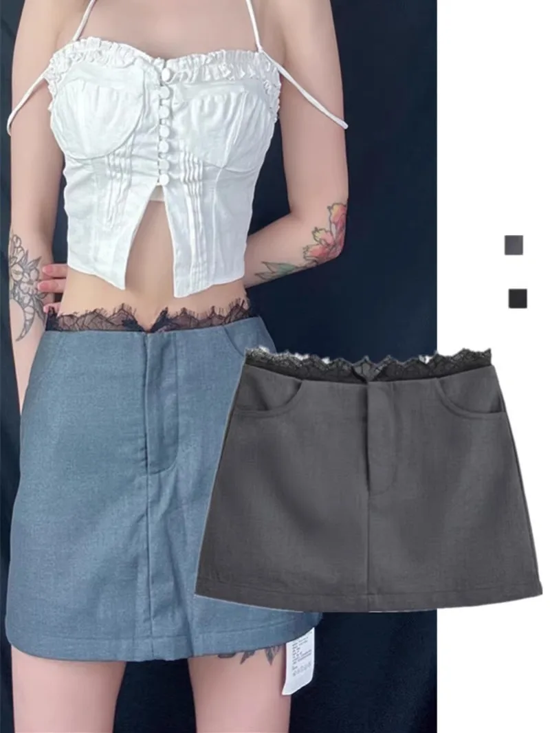 Cintura baixa renda retalhos terno ort saia rua sle anti exposição cor pura bum bagging f saia na moda primavera outono