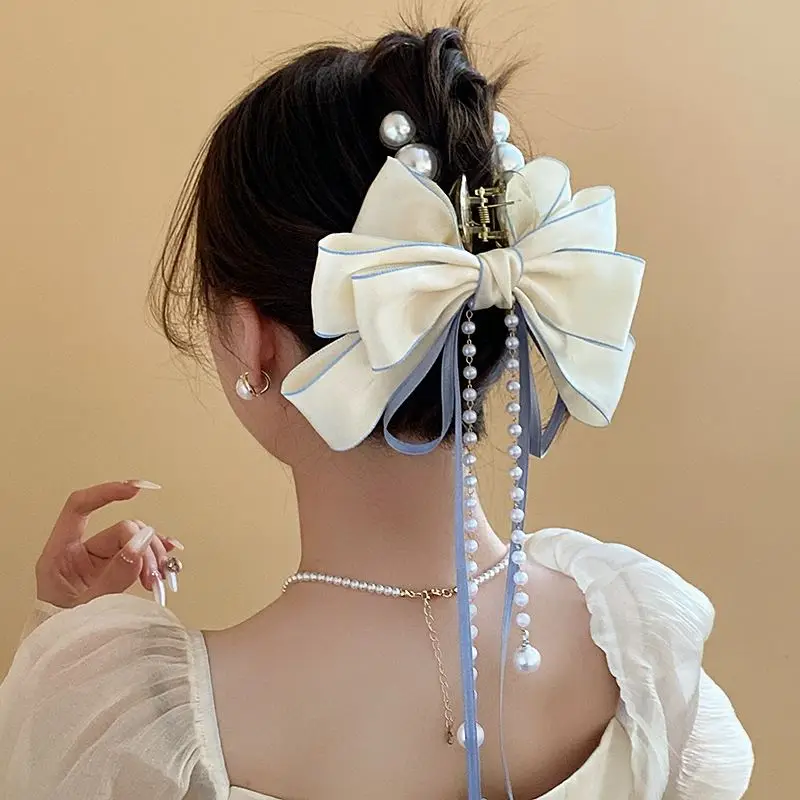 Elegant Bow Ribbon Hairpin for Women Long Tassels Fashions Pearl Bowknot ponytail clip Retro Headband Girls Hair Accessories