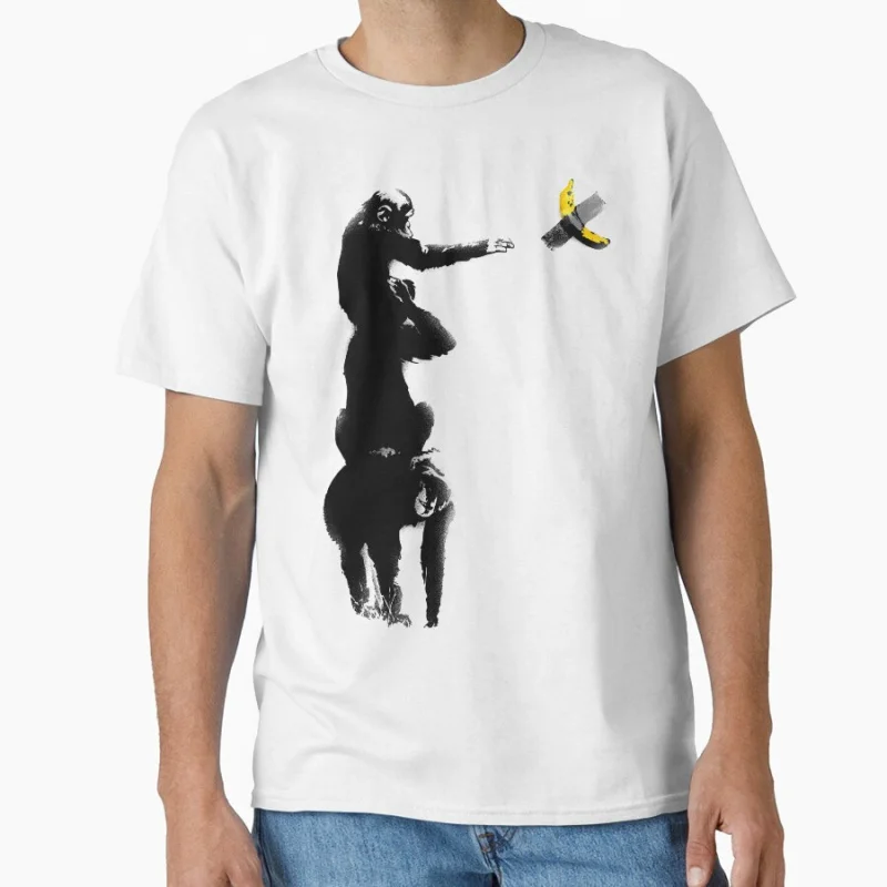 

Chimpanzee and Banana Taped Banksy Street art Funny Gift T shirt for man Large size Tops chimp Graphic Printed Clothes