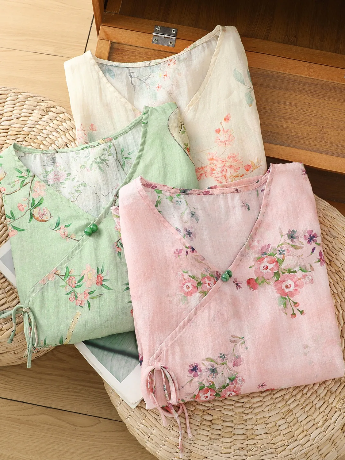 Nuovo Cinese Sle Tendenza Nazionale Obi Tie Lino irt Donne Estate Sottile Quali Anti Invecchiamento V-ne Button down Hanfu Piccolo irt