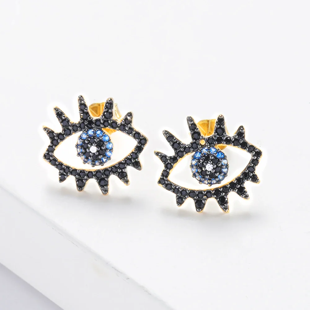 S925 Sterling Silver Devil Eye Stud Earrings for Women Delicate Gem Blue Zirconia Black Spinel Ear Studs Punk Vintage Jewelry