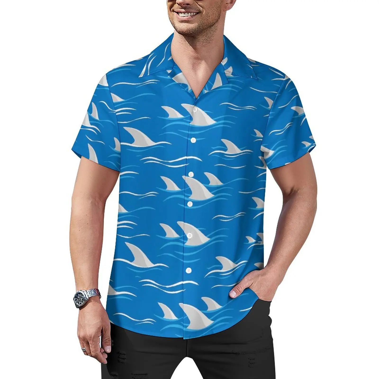 Shark Fin Silhouette And Waves Print Beach Shirt  Hawaii Casual Shirts Man Novelty Blouses Short Sleeves Breathable Design Top