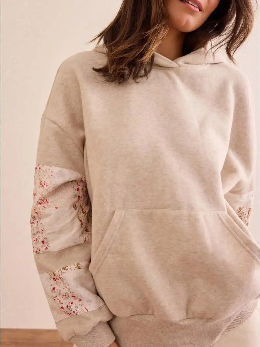 

Women's Oversized Hooded Sweatshirt with Floral Patchwork Sleeves and Kangaroo Pocket