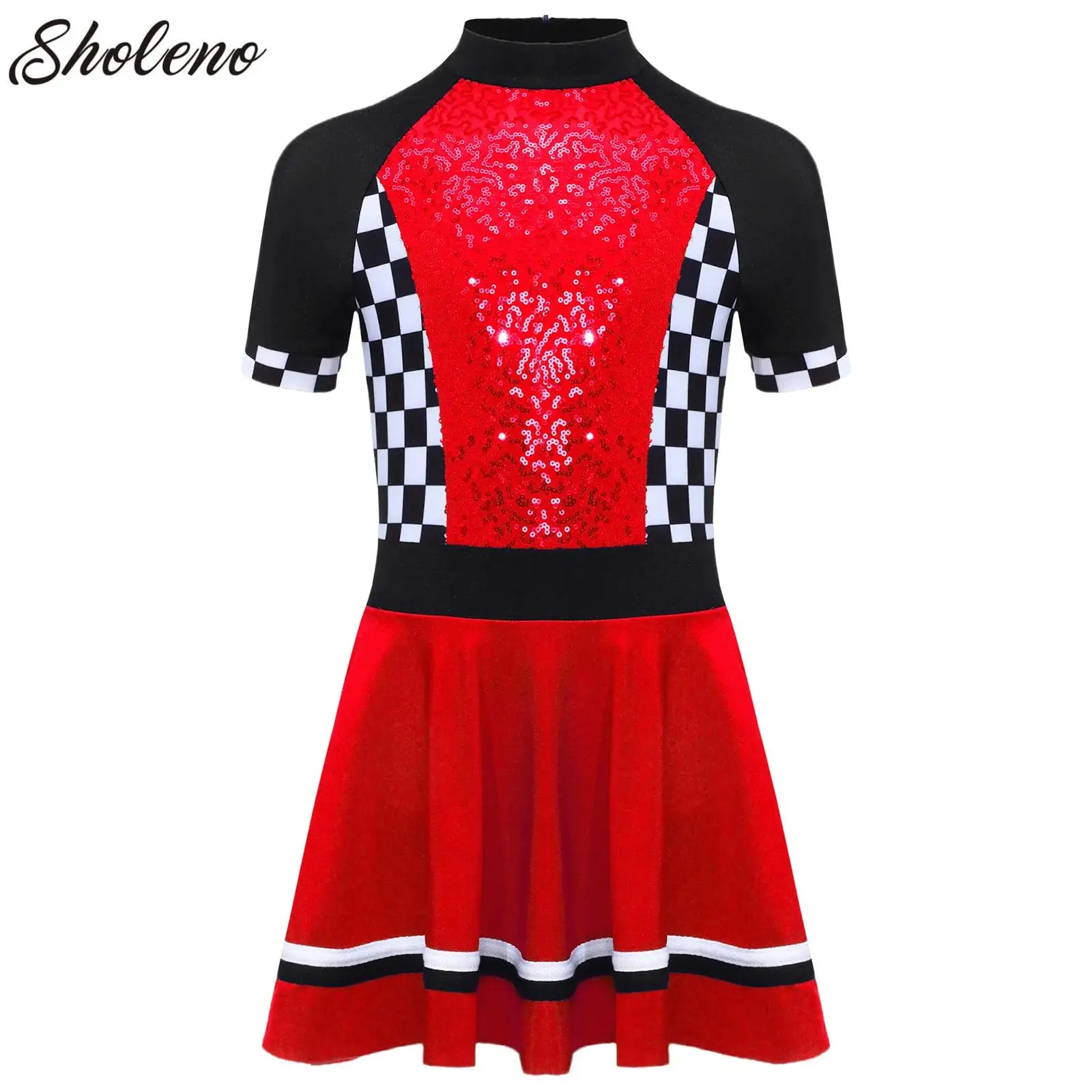 

Girls Checkerboard Racer Driver Costume Jazz Ballet Dancer Leotard Dress Halloween Themed Party Cosplay Party Dress Up Clothes