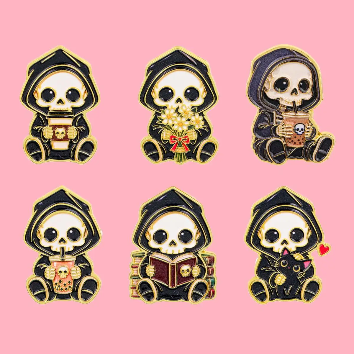 Cartoon Skeleton Grim Reaper Brooch Halloween Metal Enamel Pins Badge on Backpack Clothing Accessories Jewelry Gift for Friends