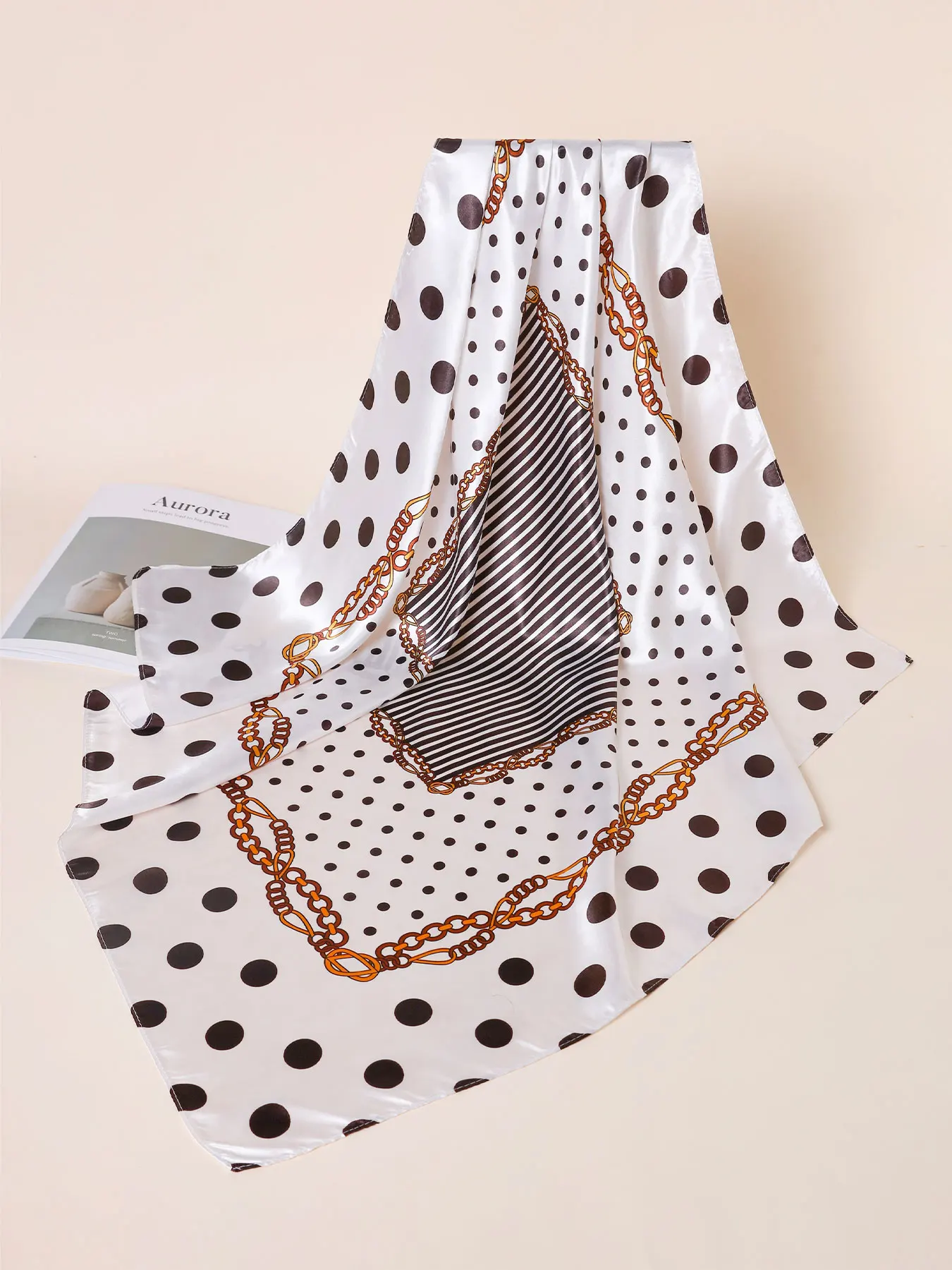Polka Dot & Chain Print Satin Scarf for Ladies, Soft Silky Head Wrap Bandana, Multi-purpose Neck Hair Cover Shawl