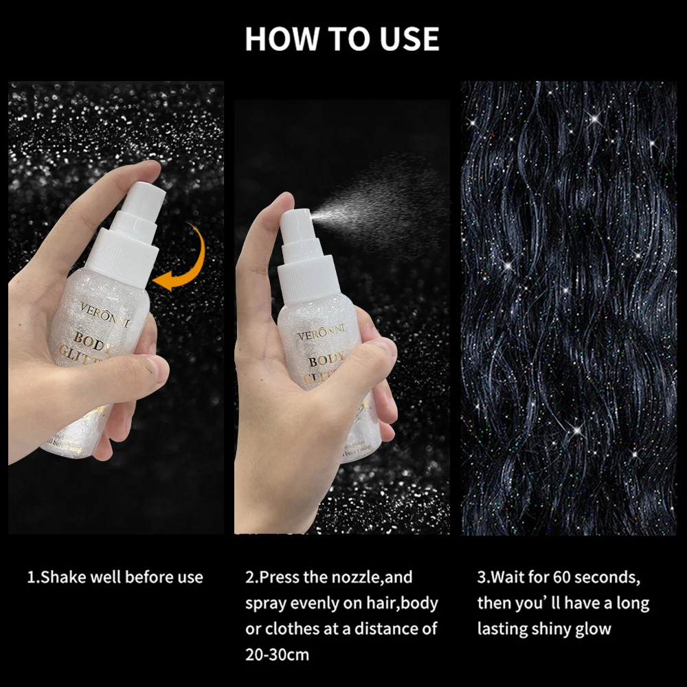 Spray evidenziatore glitterato per corpo, capelli, trucco per formare film rapido, spray per capelli sulla clavicola del corpo del viso, spray per evidenziatore per feste natalizie