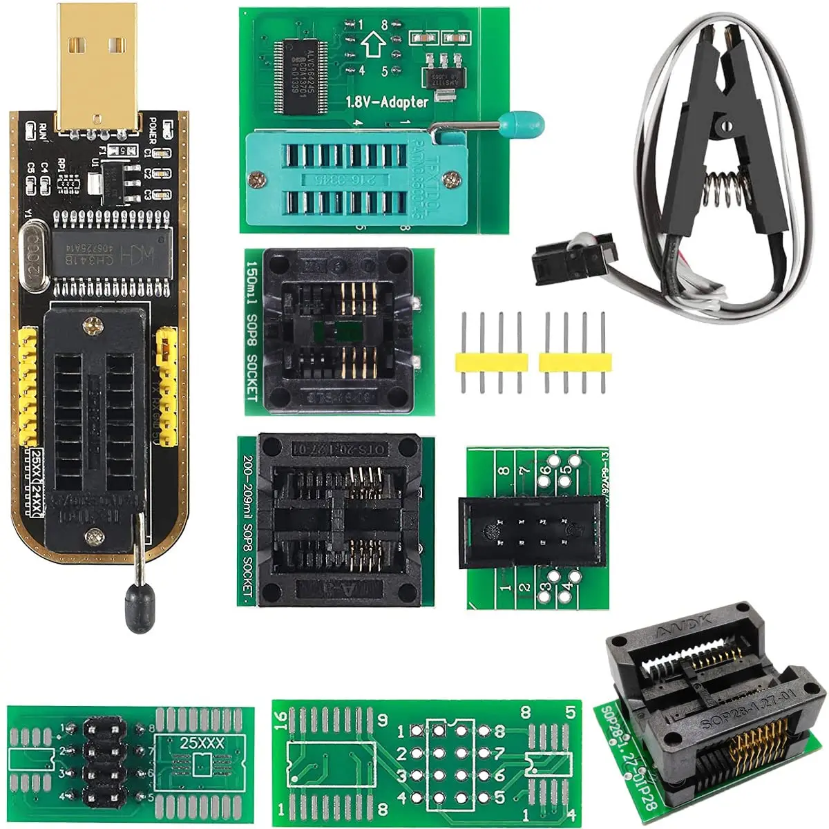 EEPROM BIOS USB Programmer CH341A + SOIC8 Clip + 1.8V Adapter + SOIC8 Adapter for 24 25 Series Flash