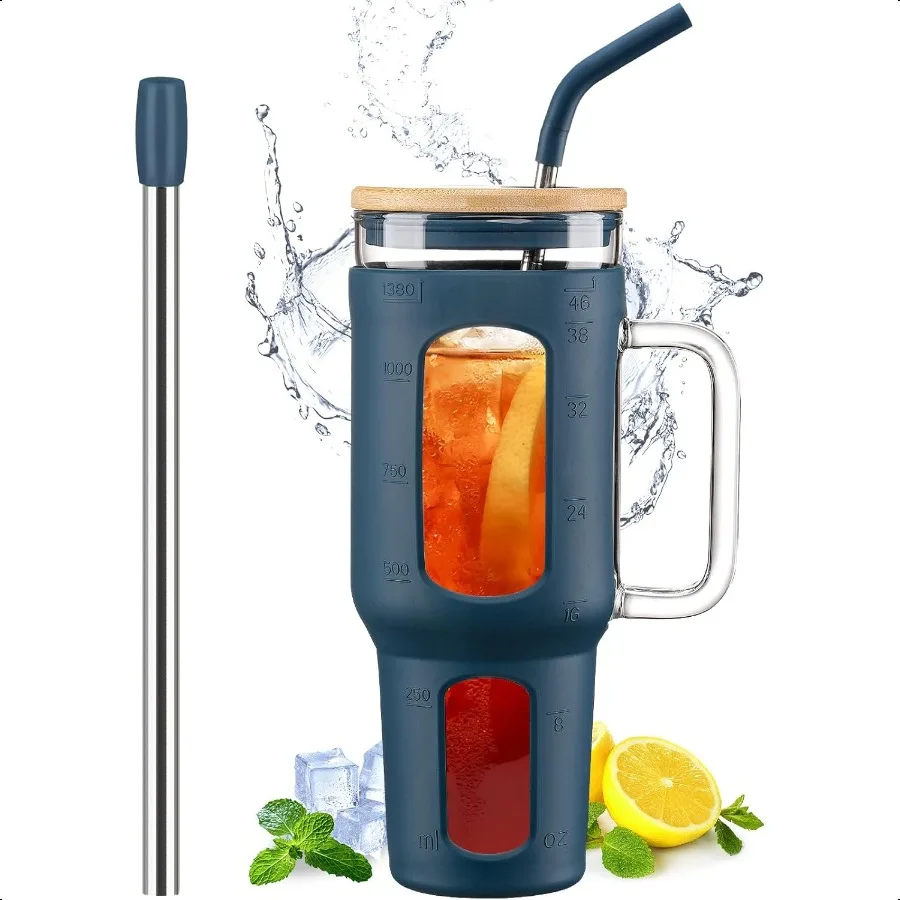 

Glass Tumbler with Lid and Straw 46 oz Iced Coffee Cup with Handle Large Water Bottles with Silicone Sleeve Glass Cup with Stra