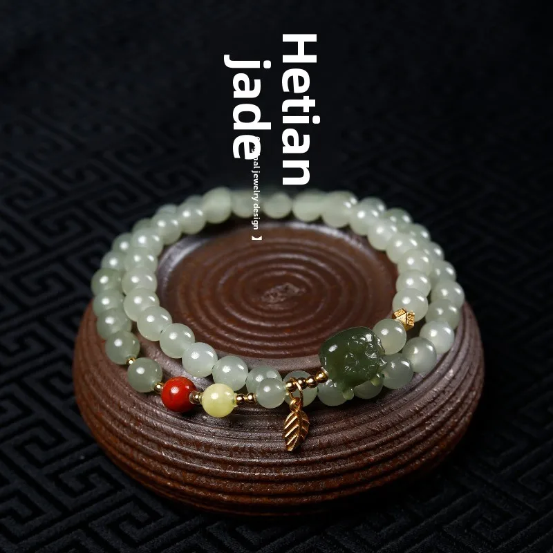 Chinese Style Lucky Hetian Jade 6mm Beads Double Layer Bracelet For Women Awakened Lion Charm Red Agate Beeswax Blessing Wealth