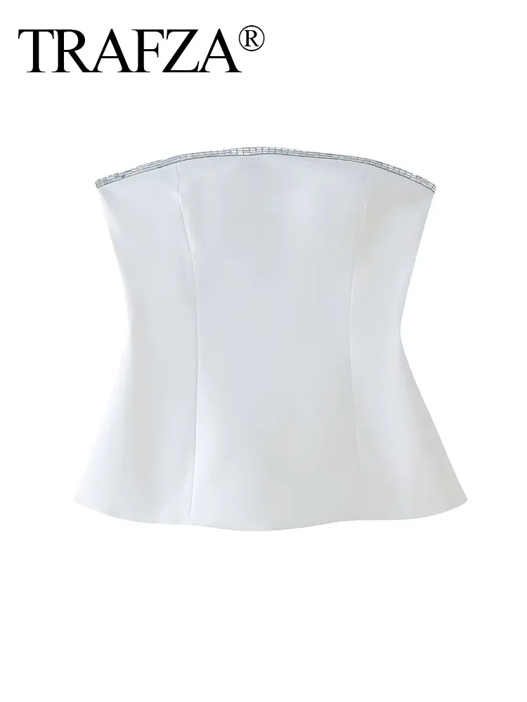 

TRAFZA 2024 Woman Sexy Sleeveless Back Zipper Slim White Tops Women Elegant Chic Jeweled Decoration Strapless Tops Mujer