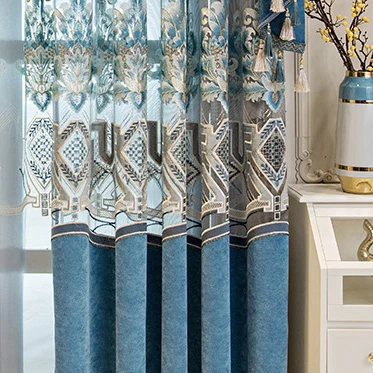 Grüne Vorhänge im europäischen Stil für Wohnzimmer, Schlafzimmer, Esszimmer, Chenille, hohle Stickerei, luxuriöse Fenstervorhänge, Schattierung, individuelle Größe – Detail 8