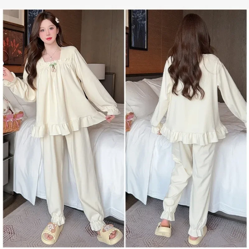 5XL Plus ขนาด Velour ชุดนอนผู้หญิงฤดูหนาวกํามะหยี่แขนยาวสวมใส่เจ้าหญิงหวานชุดนอน Ruffle แขนยาวกางเกงชุด