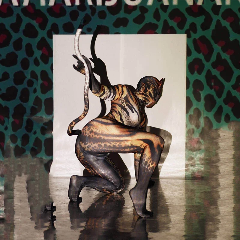 고양이 프린트 스키니 점프수트, 섹시한 젠타이 여성 파티 의상, 파티 쇼 공연 무대 의상, 할로윈 코스프레 코스튬