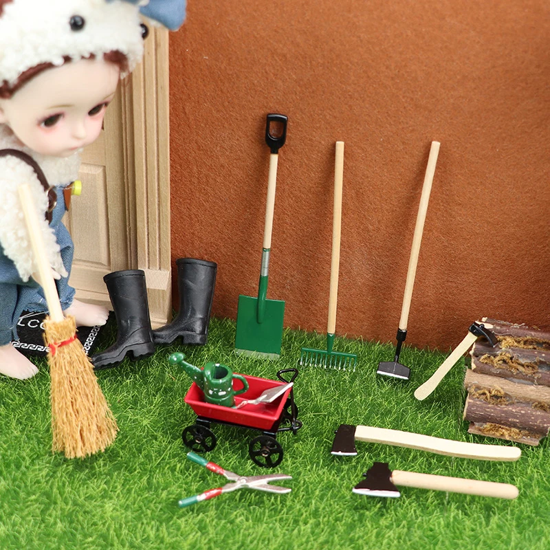 1Set 1:12 Dollhouse Miniature Farm Tool Ax Shovel Pull Cart Broom Boots Watering Can Garden Decor Toy Doll House Accessories