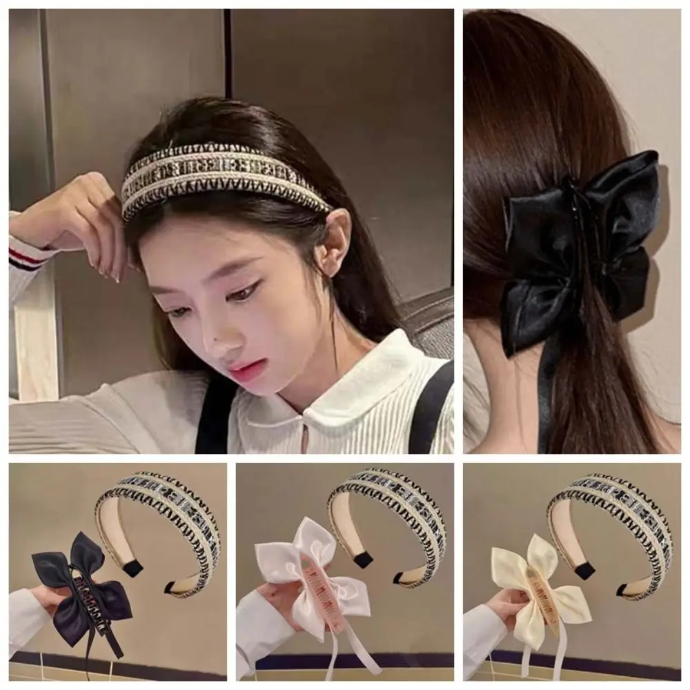 

2pcs Ballet Style Ribbon Banana Clip Wide Side Woven Bow Vertical Clip Anti-slip Soft Women Woven Headband Party