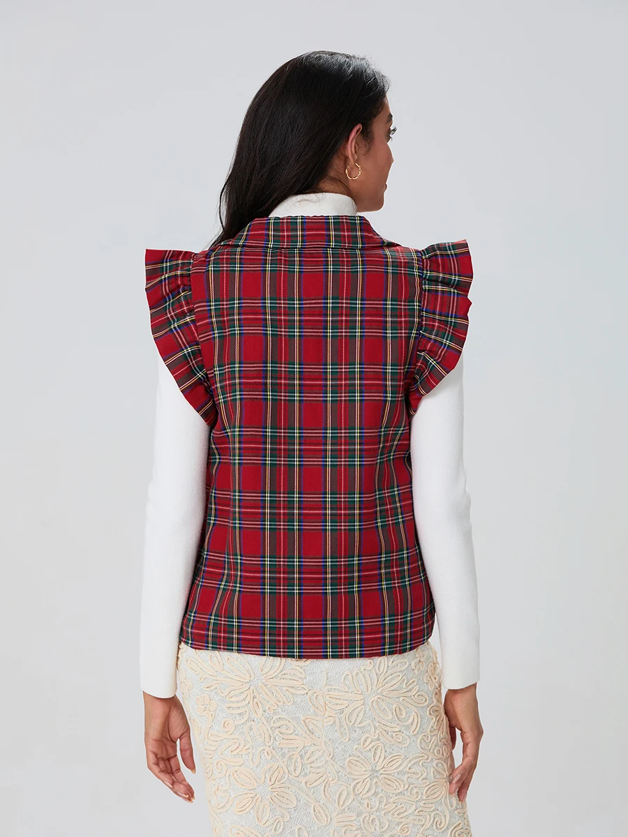 Women s Christmas Plaid Cotton Vest Turtle Neck Snap-up Flutter Sleeve Casual Lightweight Waistcoat