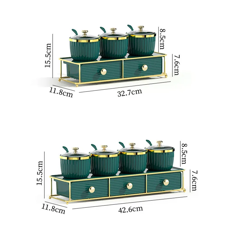 Green Spice Jar Storage Box Set Gold Border Chili Spice Dispensing Box Sugar Jar Kitchen Multi-purpose Shelf Kitchen Utensils