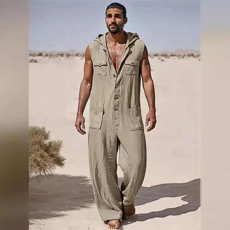 

Retro Button-up Hooded Romper Mens Casual Loose Straight Pant Overalls Men Jumpsuits Spring Summer Vintage Solid Color Jumpsuits
