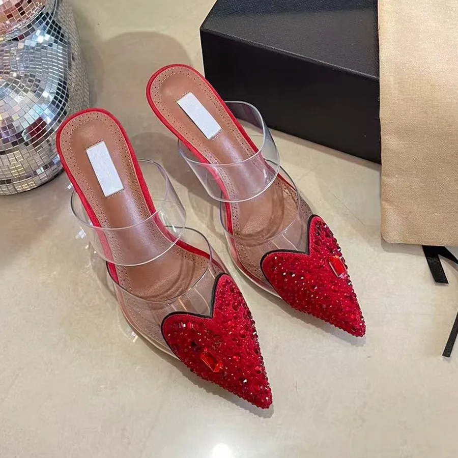 

2026 Summer New Style Pointed Water Diamond Red One line Dragging Female Sexy Outerwear Thin Heels Love Heart High Heels Sandals