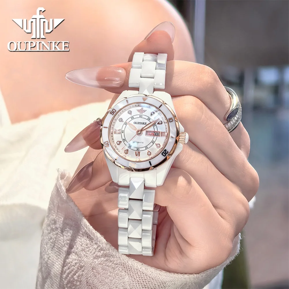 OUPINKE 3301 Women Watch Luxury Imported Movement Automatic Mechanical Watch Women Elegant Ceramic Calendar Week Diamond Watch