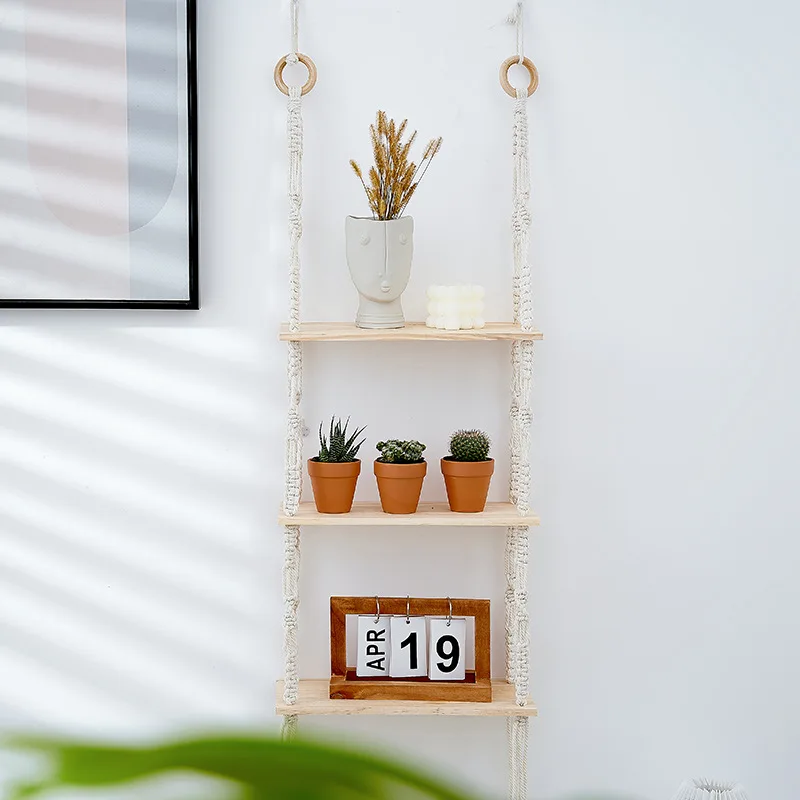 Home Decor and Storage Boho Macrame Wall Hanging Shelf with Three Wooden Planks Rings Handmade Woven White Cotton Rope Tapestry