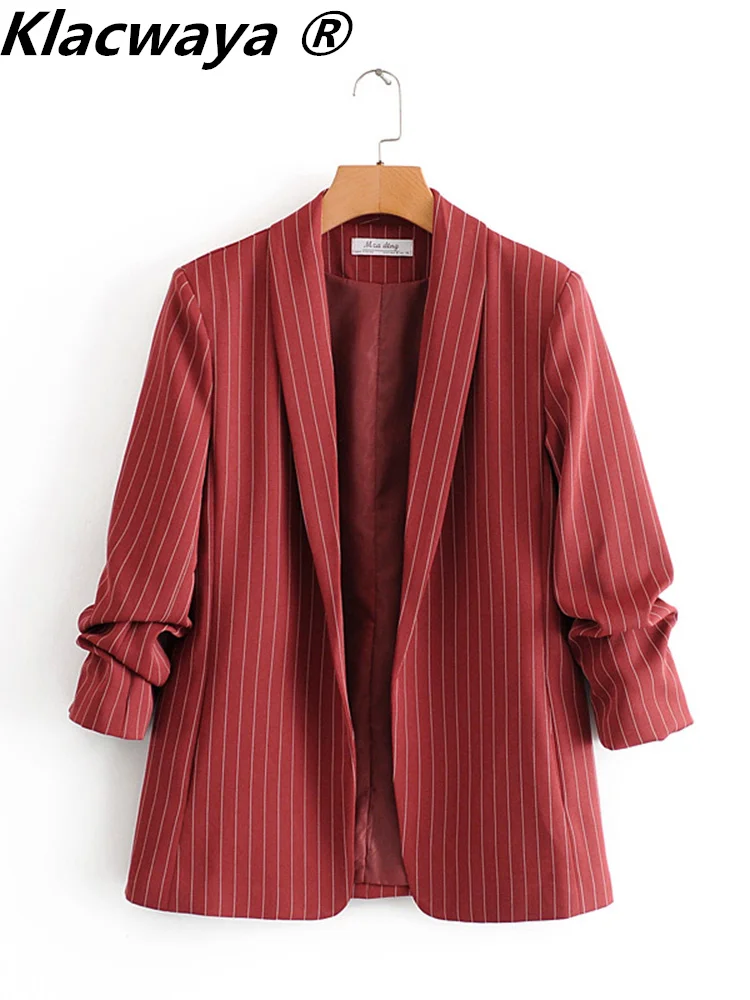 Klacwaya Blazer Women Jacket Spring Office Lady Striped Female Blazers Women Clothing Casual Coat