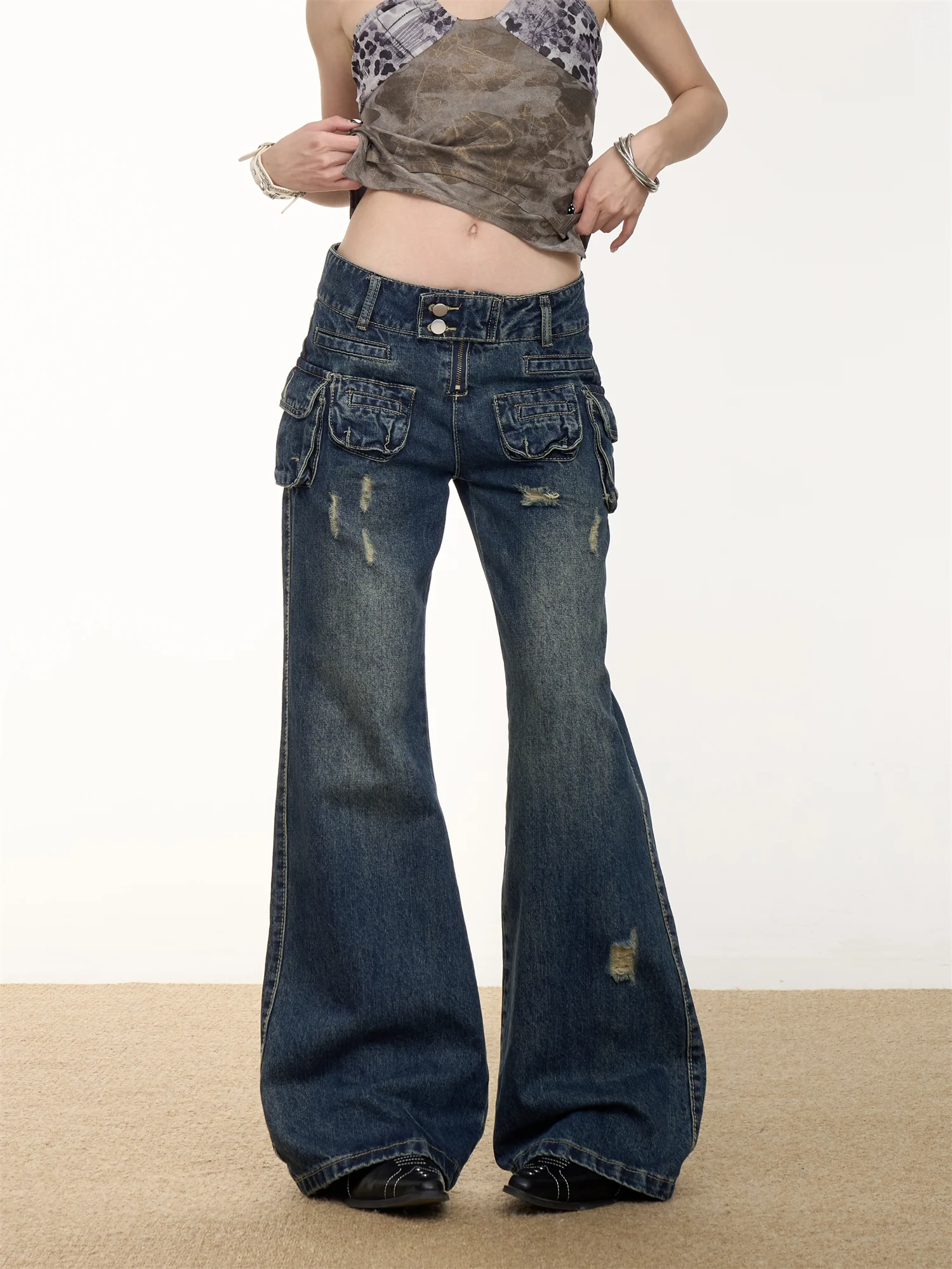 

Retro American Workwear Denim Pants Women's Hole Multiple Pockets Wide Leg Loose Versatile Micro Flare Long Trousers