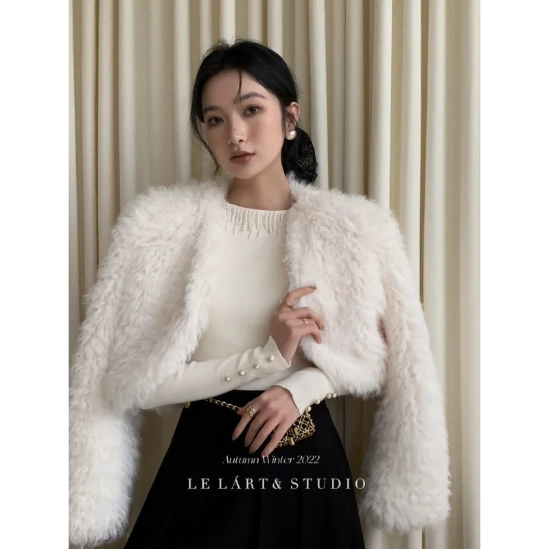 خريف شتاء تصميم جديد لؤلؤة شرابة المرأة سليم قاع سترة النمط الفرنسي الأعلى #6