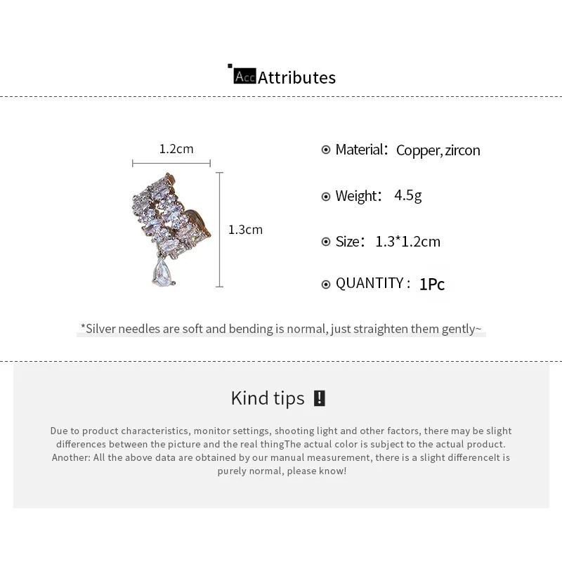 1Pc Double Layer C-Shaped Crystal Zircon Cuff Earrings Rhinestone No Piercing Water Droplet Clip Earring Simple Luxury Ear Clip.