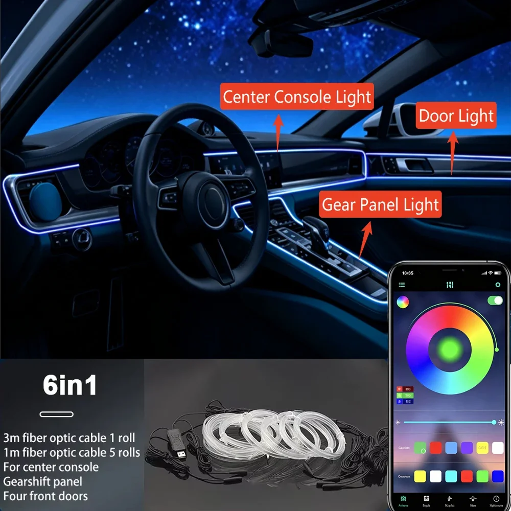 3/4/5/8M Car LED Ambient Lights Strip RGB Neon Optical Fiber Multiple Mode Interior Atmosphere Lighting Kit By App Control