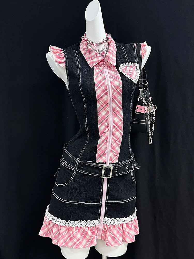 Original Retro Y2K Plaid Dr Schlankheits-Jeansrock Damen Faion Summer Ort Sve A-Linie Dr Vintage Feel