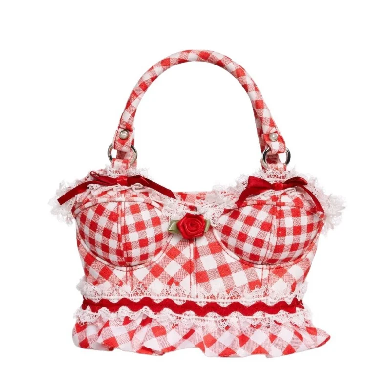 

2026 Fashion Sweet Plaid Handbag Women's Red and White Pattern Lace Rose Crossbody Bag Spicy Girl Chest Bag